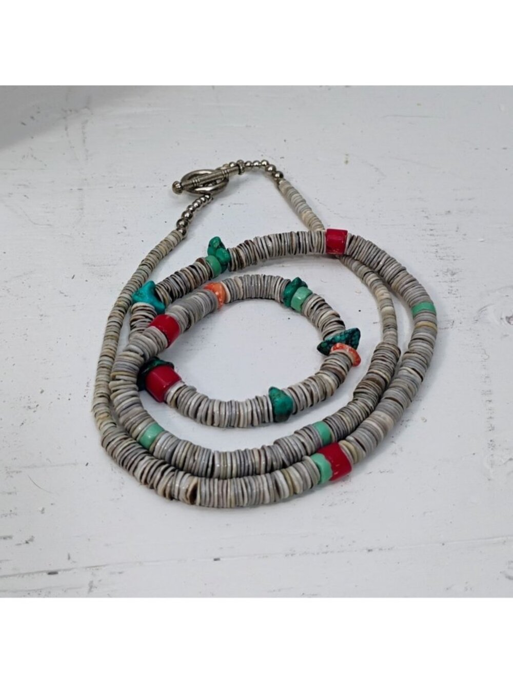 Handmade Santo Domingo Pueblo Heishi Turquoise Coral Bead Necklace 21" - Picture 3 of 7